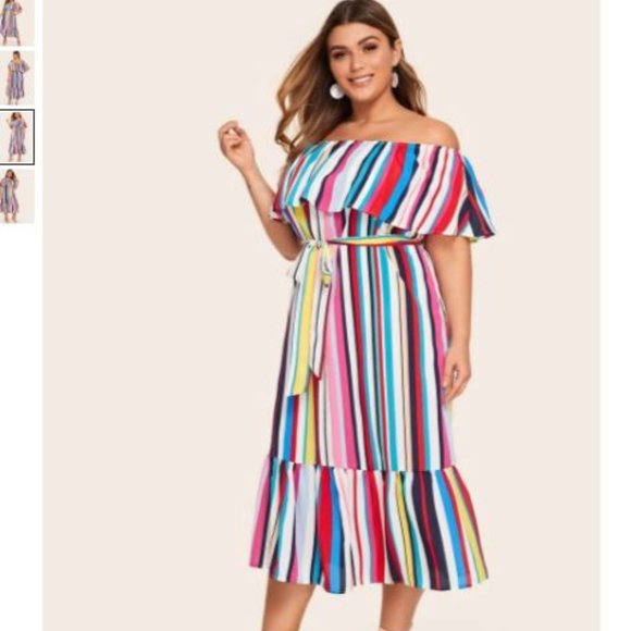 Plus Off Shoulder Flounce Hem Striped Belted - Picture 2 of 4
